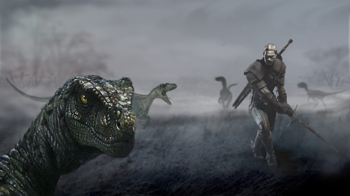 Photo collage Geralt and raptors - My, White Wolf, Photoshop master, Dinosaurs, Deinonychus, Witcher