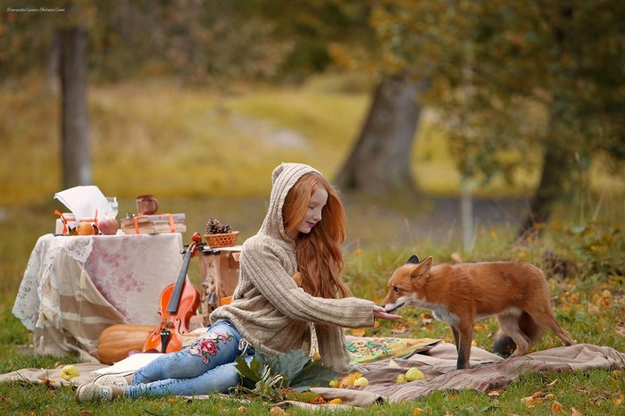 Уютный пикник с любимой лисой ^_^ - Лиса, Рыжие, Красота, Пикник, Человек, Животные, Фотография