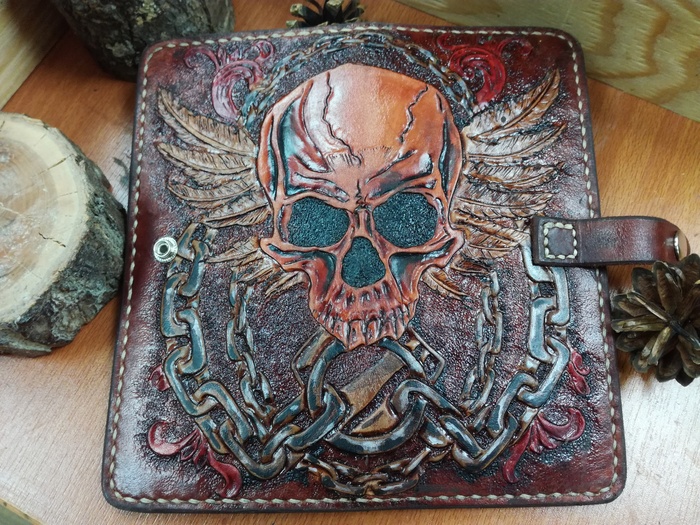 New wallet with skull and chains - My, Leather, Leather, Handmade, Handmade, Leather products, Needlework, Needlework with process, Moto, Longpost