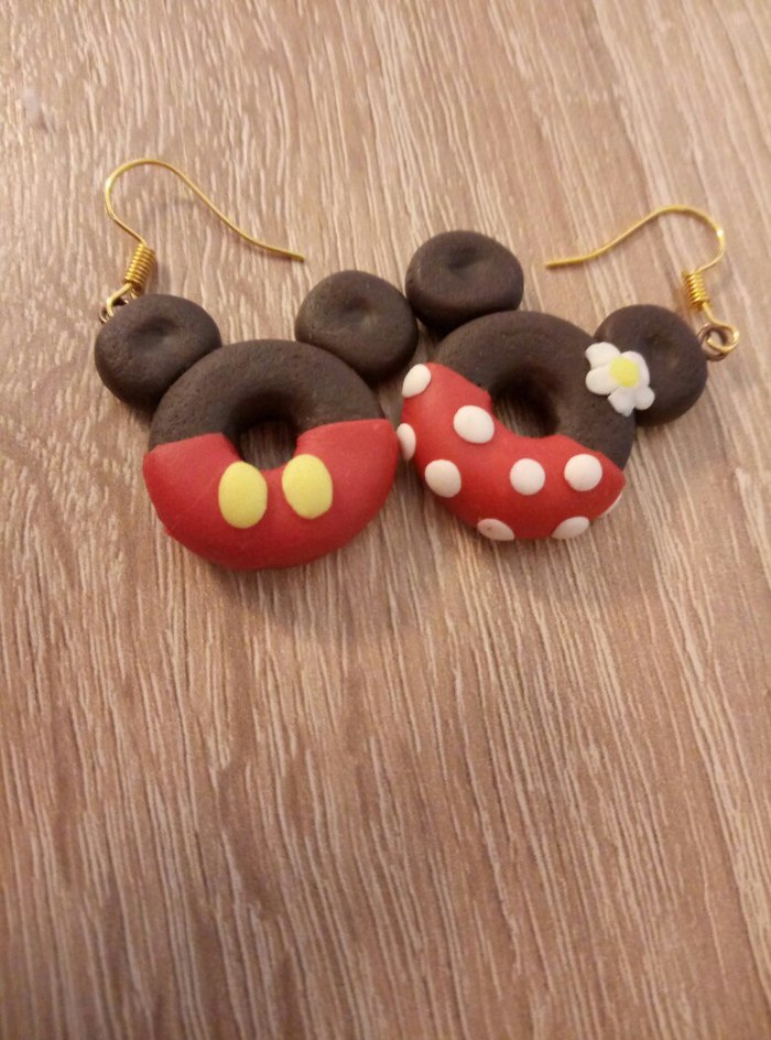 Polymer clay earrings in the shape of Mickey and Minnie Mouse - My, Longpost, Handmade, With your own hands, beauty, Do it yourself, My, Earrings