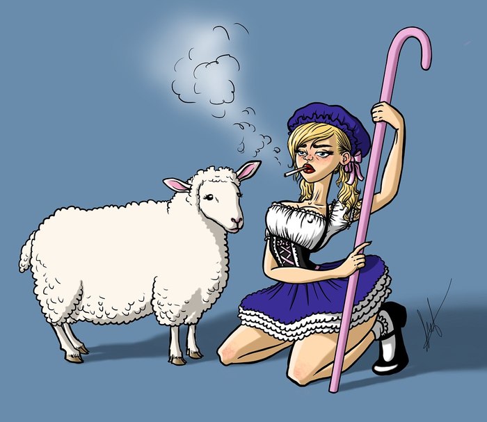 Shepherdess - My, Drawing on a tablet, Shepherdess, Sheeps, Cigarettes, Girls, Blonde