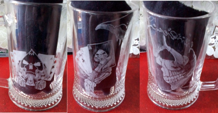 Hand engraved The Grim Reaper Plays Poker. - My, Beer mug, Needlework without process, The Grim Reaper, Glass engraving, Engraving