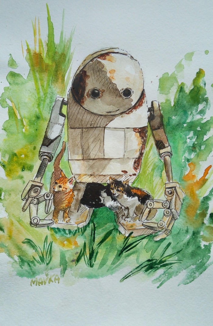 Robot - My, cat, Watercolor, Robot, Drawing