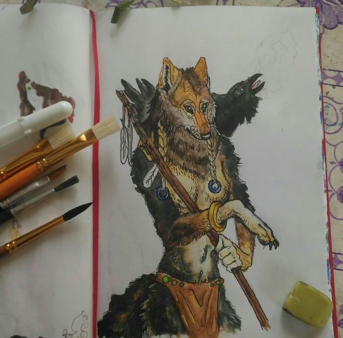 Anthropomorphic she-wolf. - My, Wolf, Watercolor, Dacha, Autumn