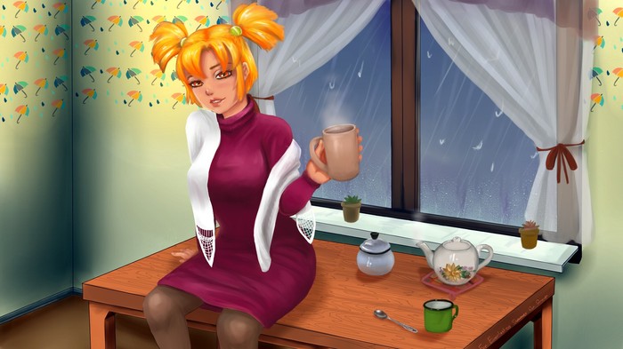 Hot tea and good music will help you have a good evening - Endless summer, Art, Alisa Dvachevskaya, Visual novel