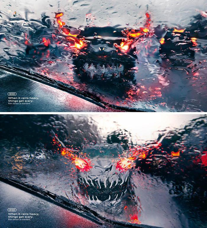Audi scares us with monsters on the road. - Audi, , Creative advertising, Rain
