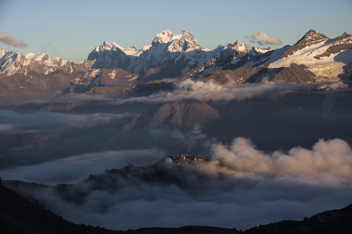 Sunset on the Main Caucasian Range and Terskol Observatory - My, The photo, The mountains, Sunset, Caucasus