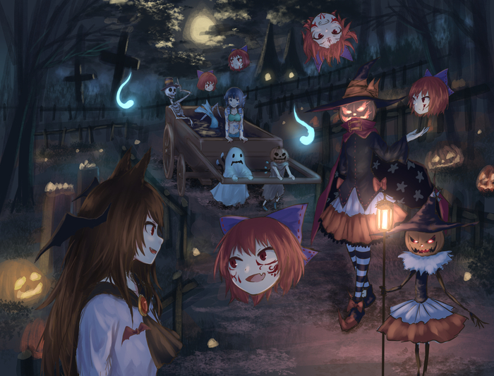 Fun in the cemetery. - Anime, Anime art, Touhou, Chen, Cirno, Imaizumi kagerou, Sekibanki, Wakasagihime, Chen (Touhou)