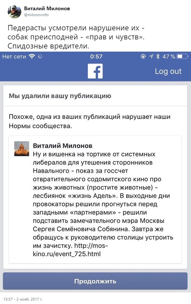 За что боролся. - Милонов, Facebook, Гомосексуализм, Поехавший, Скриншот, Виталий Милонов, Гомосексуальность, Неадекват