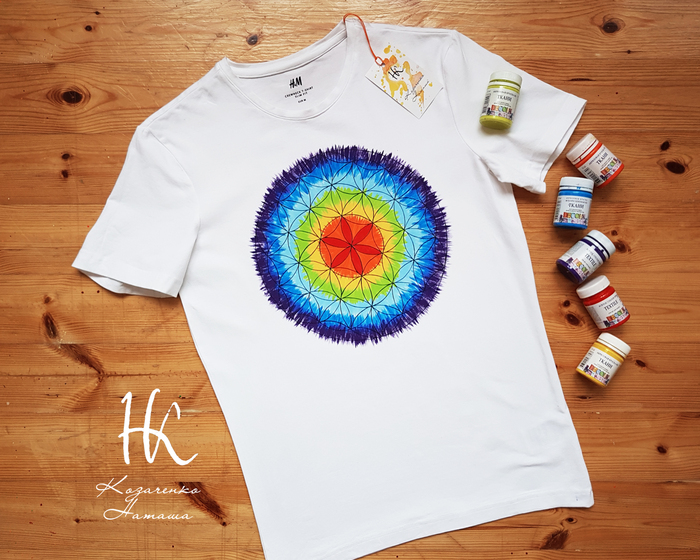 T-shirt with hand-painted Flower of life - My, Drawing, T-shirt, Handmade, Handmade, Painting on fabric, Geometry, Mandala, Rainbow