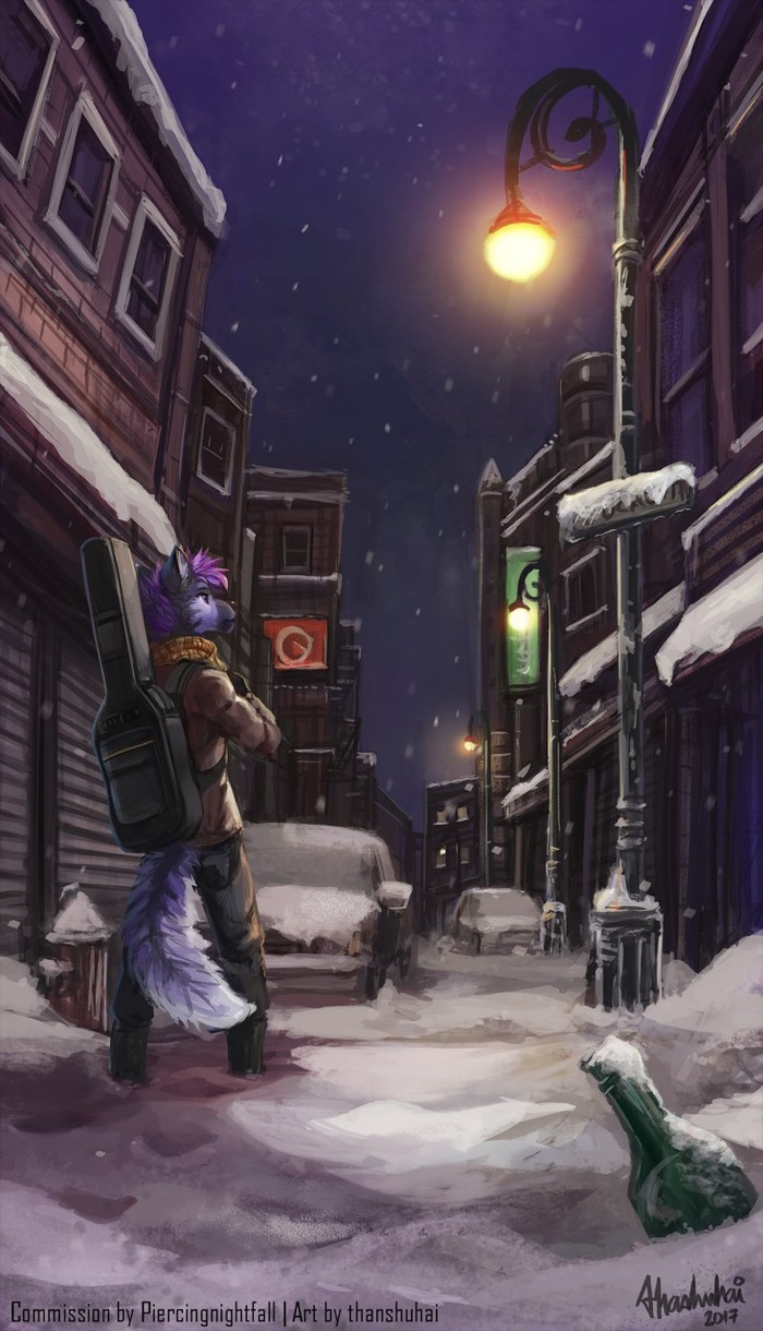 Walking through the night city - Furry, Art, Thanshuhai, Snow, Night