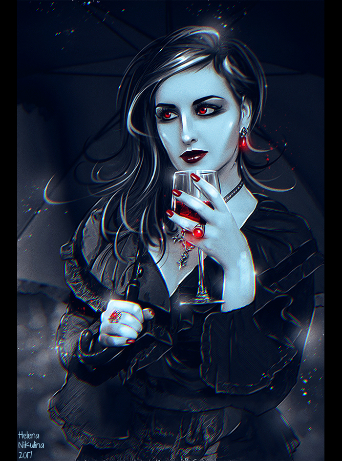Lady Vampire. - My, Art, Elena Nikulina, Vampires, Umbrella, Goblets, Blood, Red eyes, 