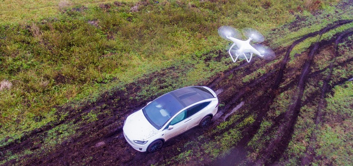 Finally took off the copter on the copter! - My, DJI Phantom 4, Tesla Model X, Swamp, Dirt, Suv, Quadcopter, Production