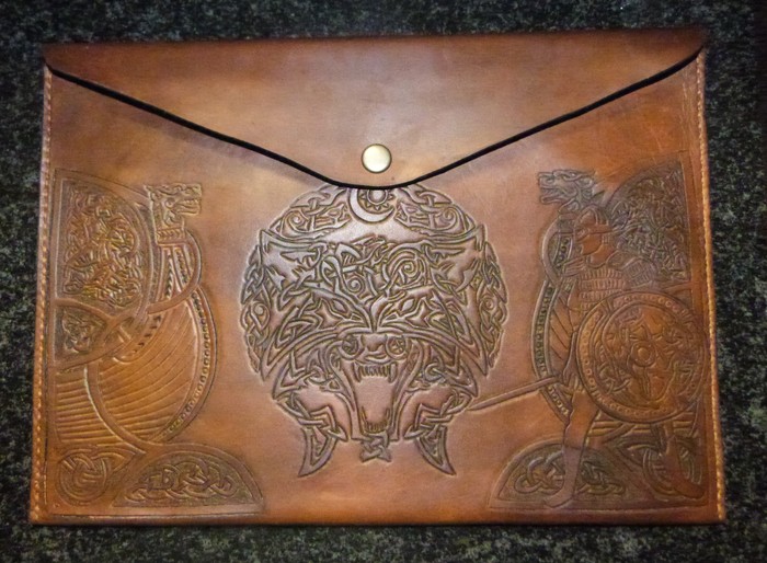 Leather envelope for papers - My, Embossing on leather, Celtica, Ragnarok, Needlework without process