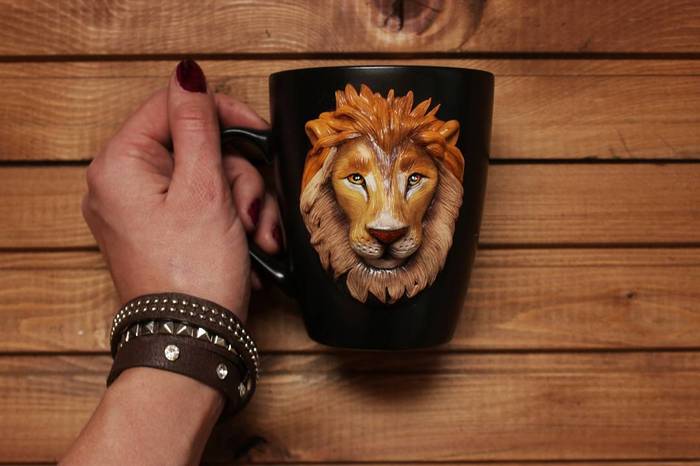 When your boyfriend is a lion. And you make mugs with decor for everyone, but he still doesn’t have one. Now he has one))) in honor of his birthday - My, Polymer clay, a lion, Mug with decor, Fimo, Polimer clay
