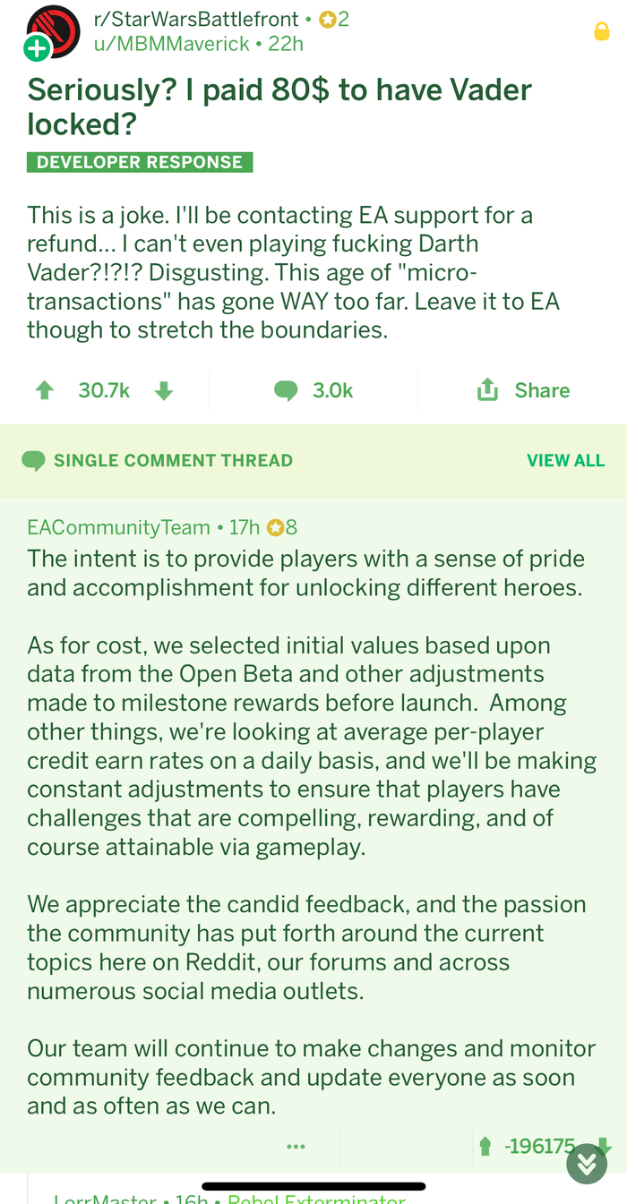 Most downvoted comment from EA - Reddit, EA Games, Star Wars, Star Wars: Battlefront, Minuses, Screenshot