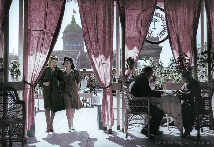 Leningrad, May, 1941. - Saint Petersburg, Past, 20th century, the USSR, Girls, Colorization, Cafe, Leningrad