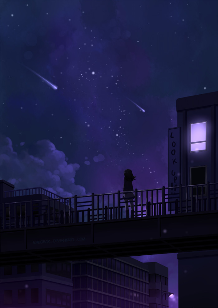 Look Up - Art, Drawing, Night, , Girls, , Starfall