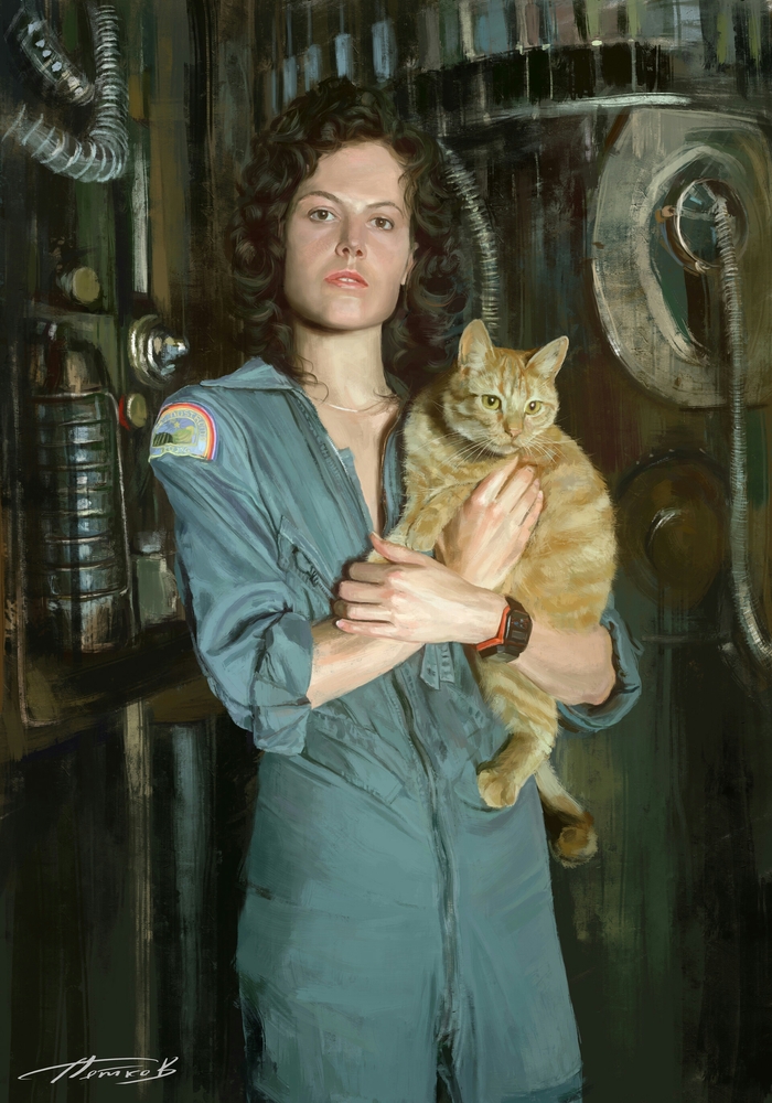 Sigourney Weaver - Сигурни Уивер, Чужой, Арт, Кот, Кот не чужой