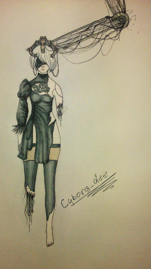 Mem 2B - My, Art, Drawing, Watercolor, Cyberpunk, Yorha unit No 2 type B, NIER Automata