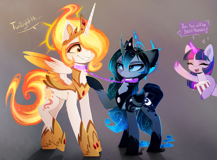 "super mega best friends" by MagnaLuna My Little Pony, Daybreaker, Nightmare Moon, Princess Celestia, Princess Luna, Twilight Sparkle, Magnaluna