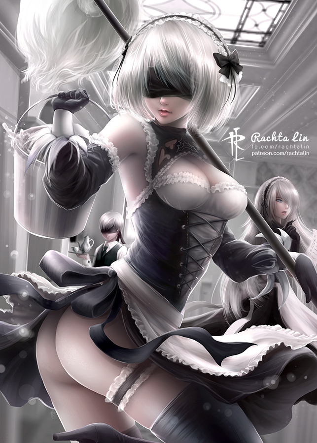 Nier - NSFW, Art, NIER Automata, Yorha unit No 2 type B, Yorha unit No 2 type a, Yorha unit no 9 type S, Housemaid, , Booty