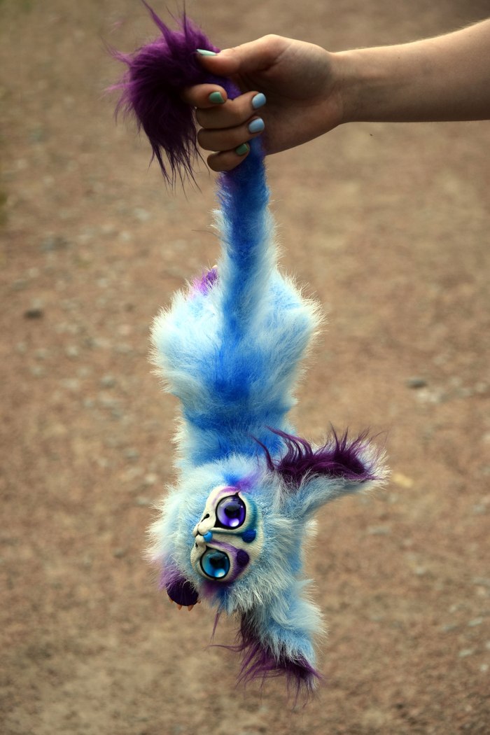 Blue-purple animal with different eyes - My, Handmade, Adelkawalka, Author's toy, Artificial fur, Polymer clay, Needlework without process, Longpost