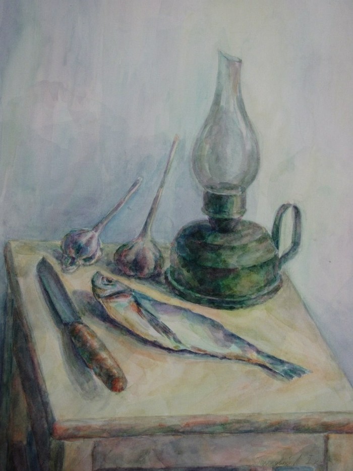 Educational still life. 2005 - My, Watercolor, Still life, A fish, Painting