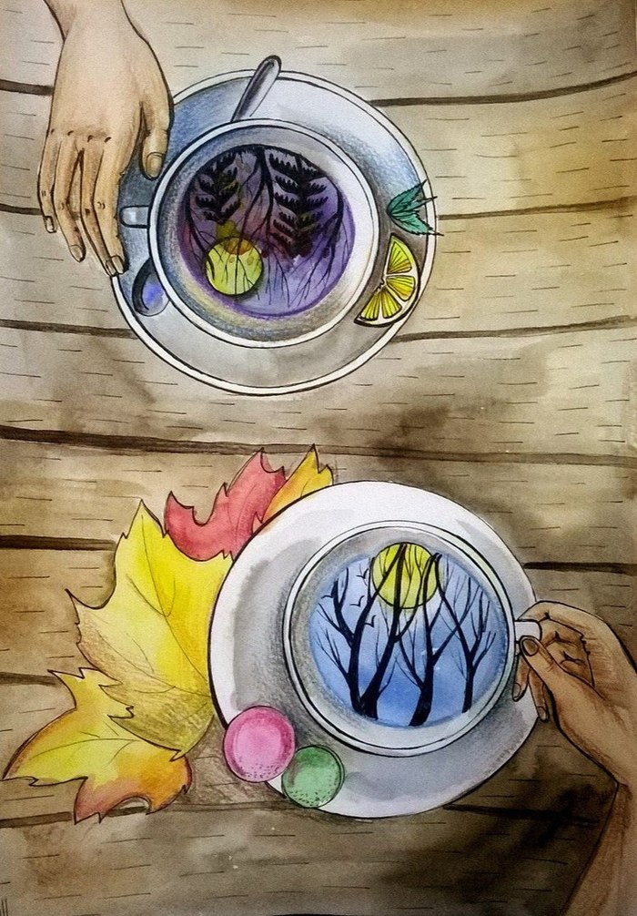 It does not matter at all that in your cup is morning, and in mine it is night. The main thing is that it is very tasty to drink them together. - My, My, Postcard, Order, Autumn, Heat, Painting, Watercolor, Copyright