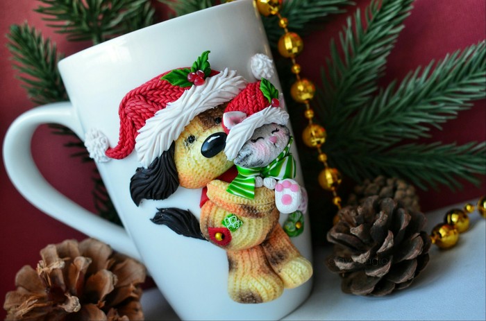 Mug with decor made of polymer clay Knitted puppy - My, Polymer clay, Creation, New Year, Dog, Knitting, Hobby, With your own hands, Presents