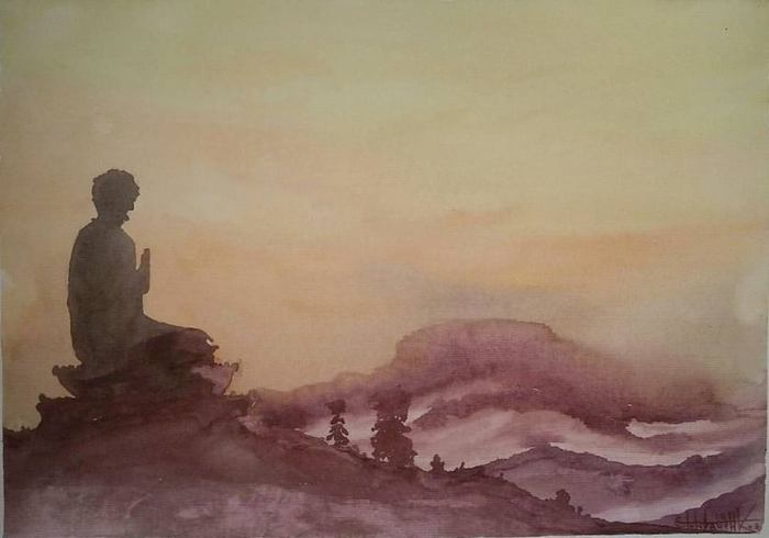 Sunrise and Buddha. Watercolor on paper 30x42cm 2017 - My, Painting, Watercolor, Painting, Buddha, Sunrise, Art, Art, Creation