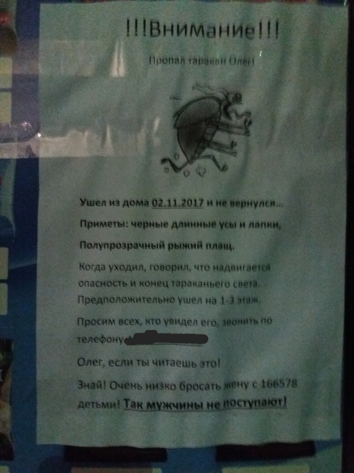 Here is an ad hanging on the door of a local shop. Sorry for the quality, I took a picture in the evening on slippers. - My, Cockroaches, Announcement, Creative, Humor
