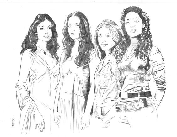 The beautiful half of Serenity's crew. - Serenity, Sketch, Inara Serra, Kaylie, Zoe Washburn, Pencil drawing, River Tam, The series Firefly