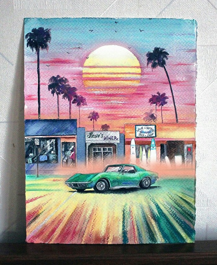 Birthday gift for daughter's friend - My, Painting, Art, Watercolor, The sun, Landscape, Car, Longpost