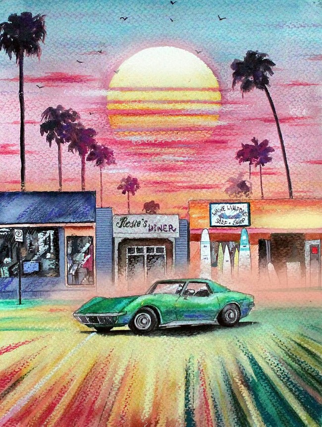 Birthday gift for daughter's friend - My, Painting, Art, Watercolor, The sun, Landscape, Car, Longpost