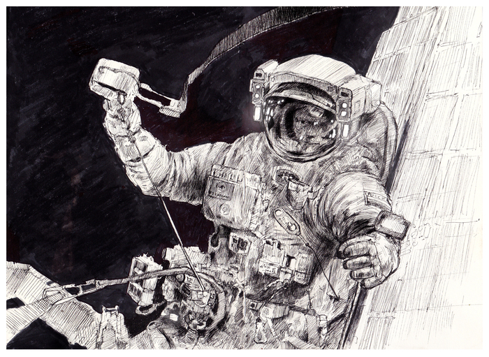 Cosmonaut Oleg Artemyev - My, Drawing, Космонавты, Roscosmos, Space, ISS, Art, Pen drawing