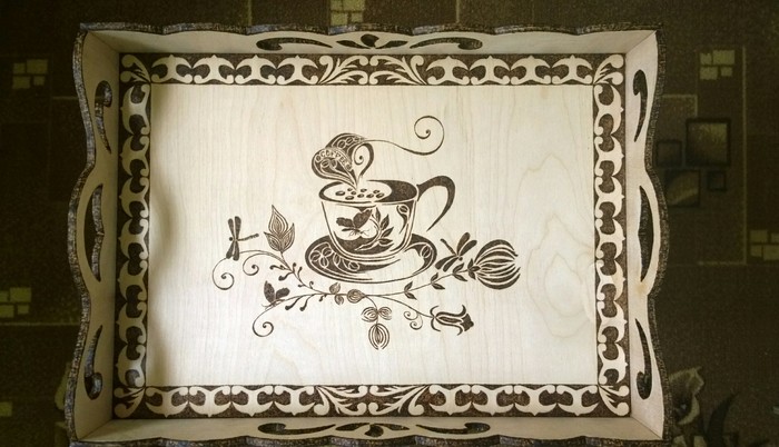 Tray Good Morning - My, Needlework without process, Handmade, Pyrography, Sawing, Burning out, Handmade, Longpost