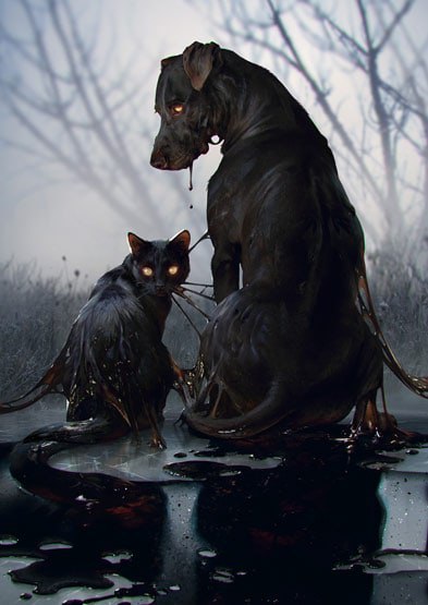 lesser demons - Witcher, Gwent, Art, Kki, Cats and dogs together, cat, Dog