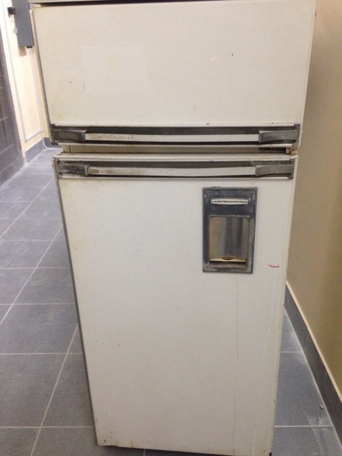 Here is a Soviet refrigerator met at work. With a compartment for serving chilled drinks. - Refrigerator, Old stuff, Beverages, , The miracle of technology, Longpost, Convenience