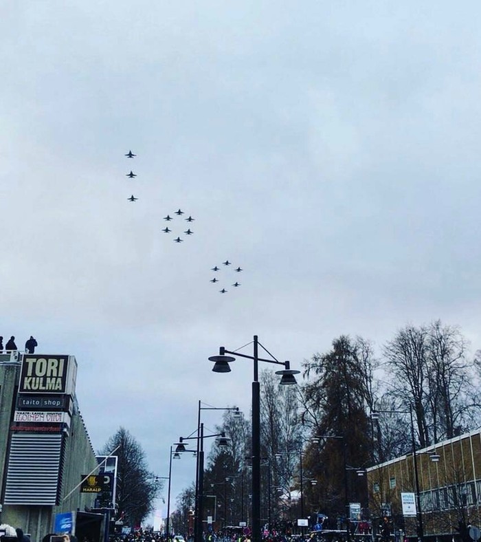 F-18 Hornet flying in formation to celebrate the centenary of Finland's independence. - Finland, Independence, Building