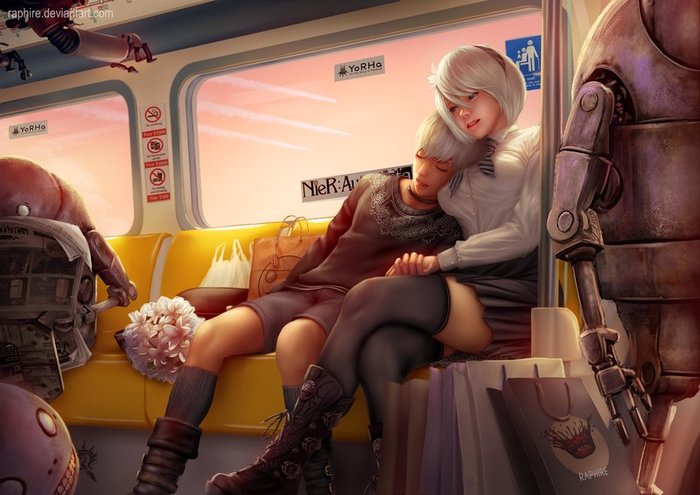 2b and 9s - Art, Drawing, Yorha unit No 2 type B, Yorha unit no 9 type S, NIER Automata, 