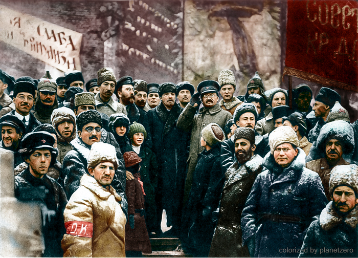 Prominent Bolsheviks at the celebration of the second anniversary of the October Revolution. - My, Revolution, Anniversary, Bolsheviks, 1919, Colorized by planetzero, Moscow, Celebration, The photo