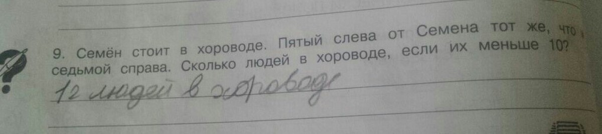 Сколько слева сколько справа. Семён стоит в хороводе пятый слева. Семен стоит в хороводе. Костя стоит в хороводе. Решить задачу сколько людей в хороводе.