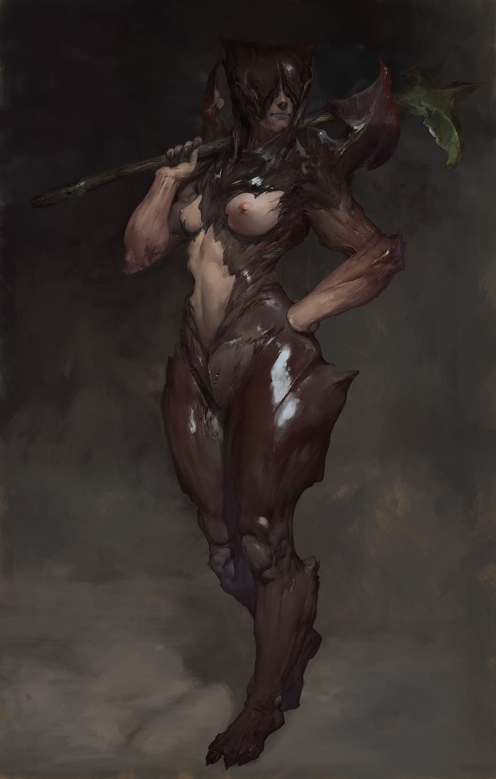 biological armor - NSFW, Art, Girls, Axe, Armor, Boobs