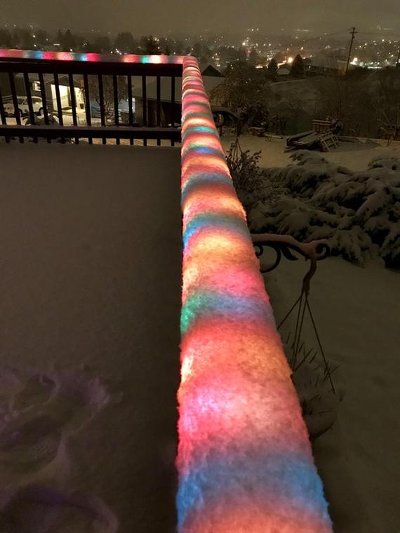 Fresh snow and Christmas lights - Light, Lights, Handrail, New Year, Garland, Snow