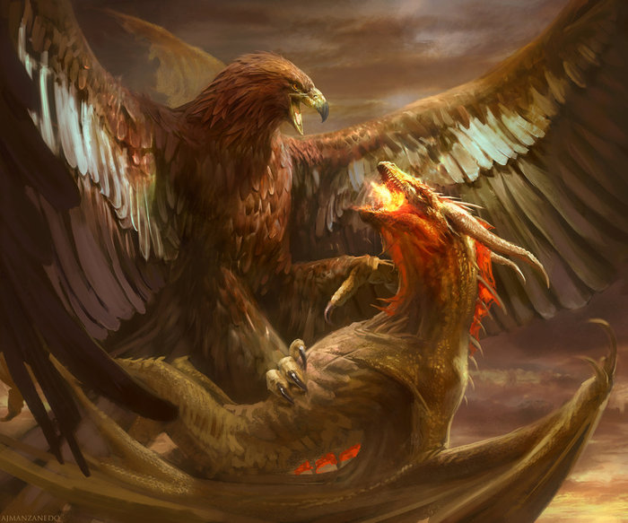 Skirmish in the sky - Art, Drawing, Eagle, The Dragon, Manzanedo