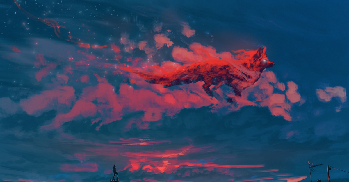 лис на фоне ночного неба. джоанна таркела. лиса арт. волк космос. лис в космосе.