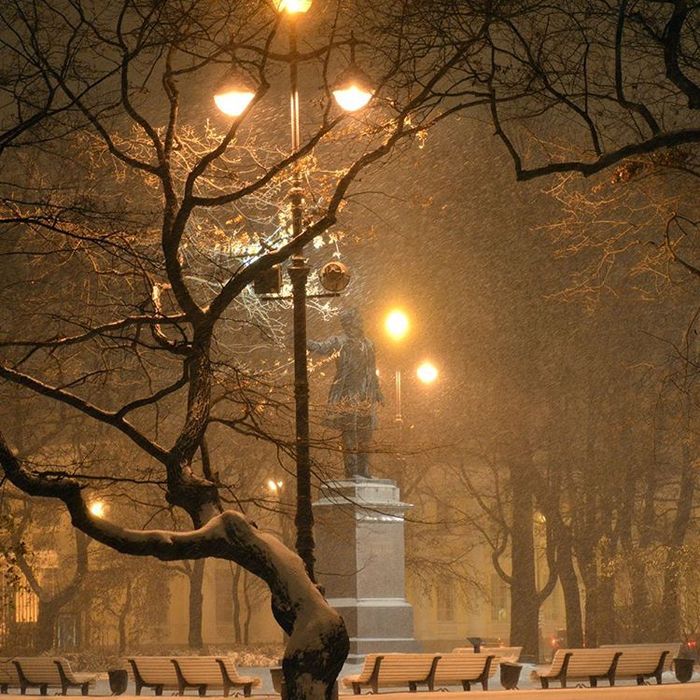 Pushkin and the blizzard: - Pushkin, Monument, Winter, Saint Petersburg, The photo, Поэт, Arts Square, Night