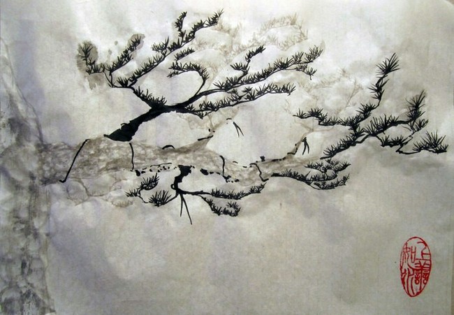 Pine branches. Watercolor - Haiku, Basho, , Watercolor