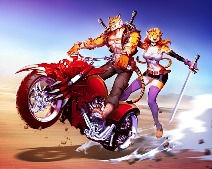 Rebel Tiger Death Ride - Furry, Art, Tiger, Genzoman, Bikers, Weapon, Motorcyclists